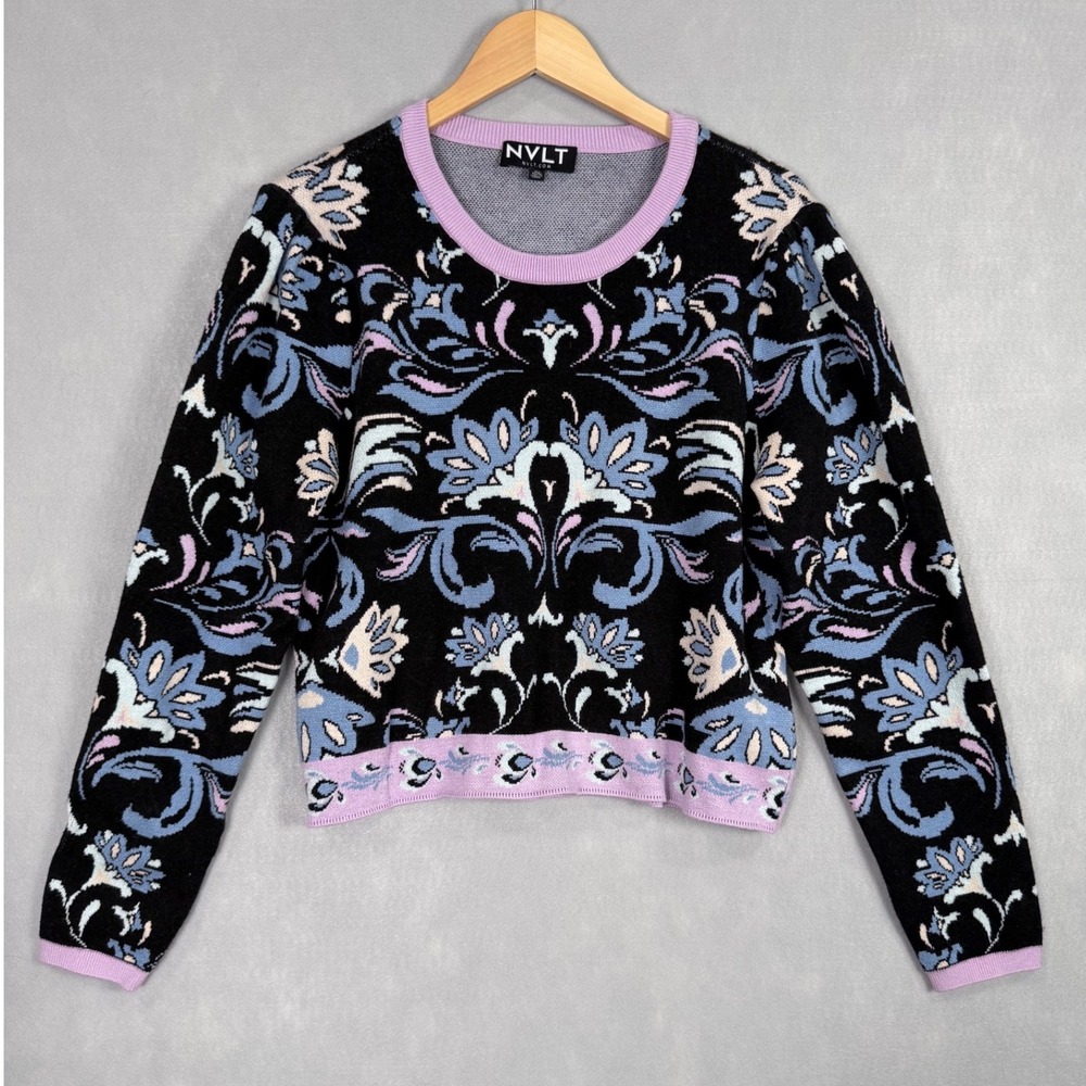 NVLT Floral Damask Sweater Womens XL Black Purple Crew Neck Boho Knit